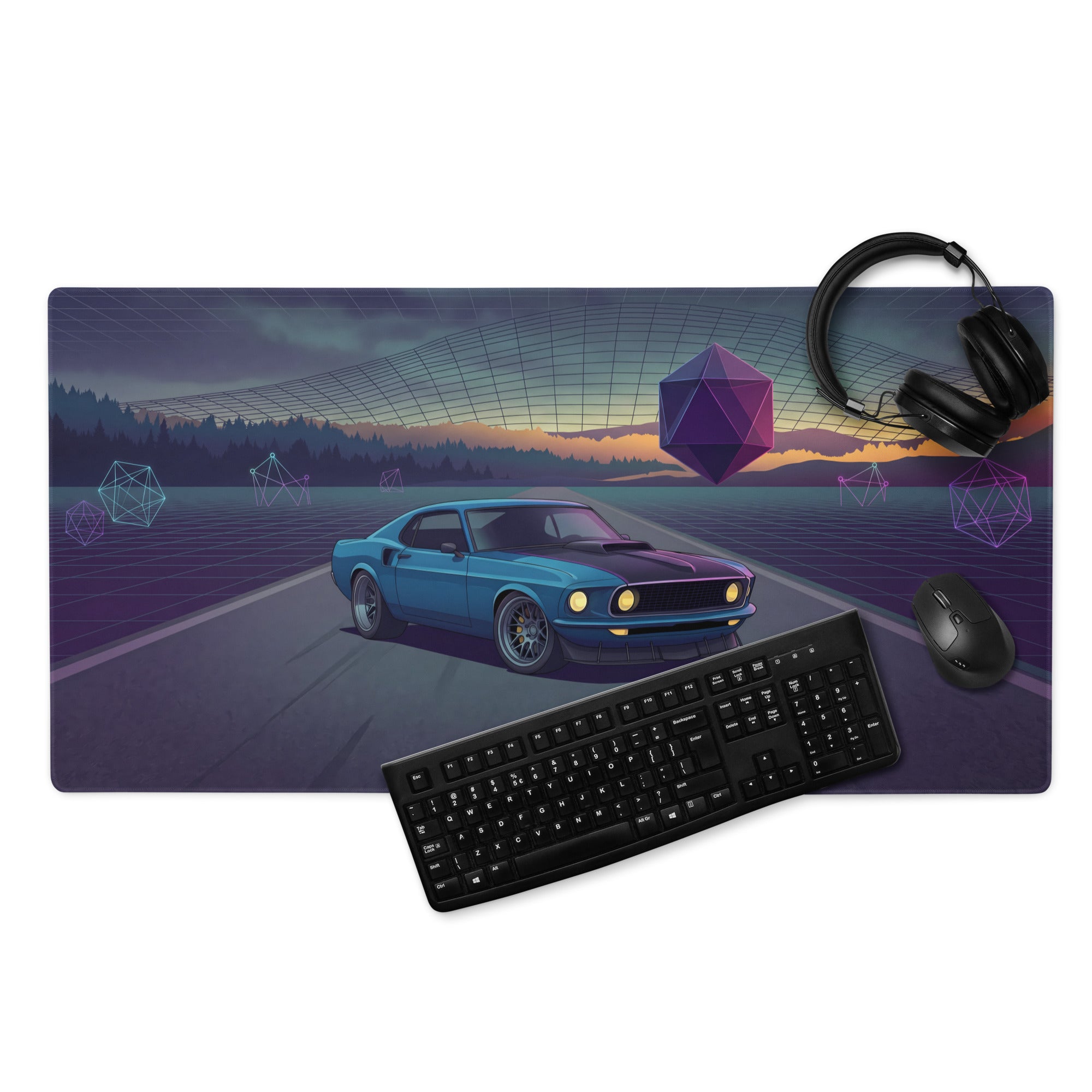 1969 Ford Mustang Fastback Inspired Blue Purple Vaporwave Gaming Mouse Pad, Classic Muscle Car Desk Mat with Neon Geometric Sunset Artwork
