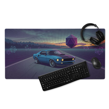 1969 Ford Mustang Fastback Inspired Blue Purple Vaporwave Gaming Mouse Pad, Classic Muscle Car Desk Mat with Neon Geometric Sunset Artwork