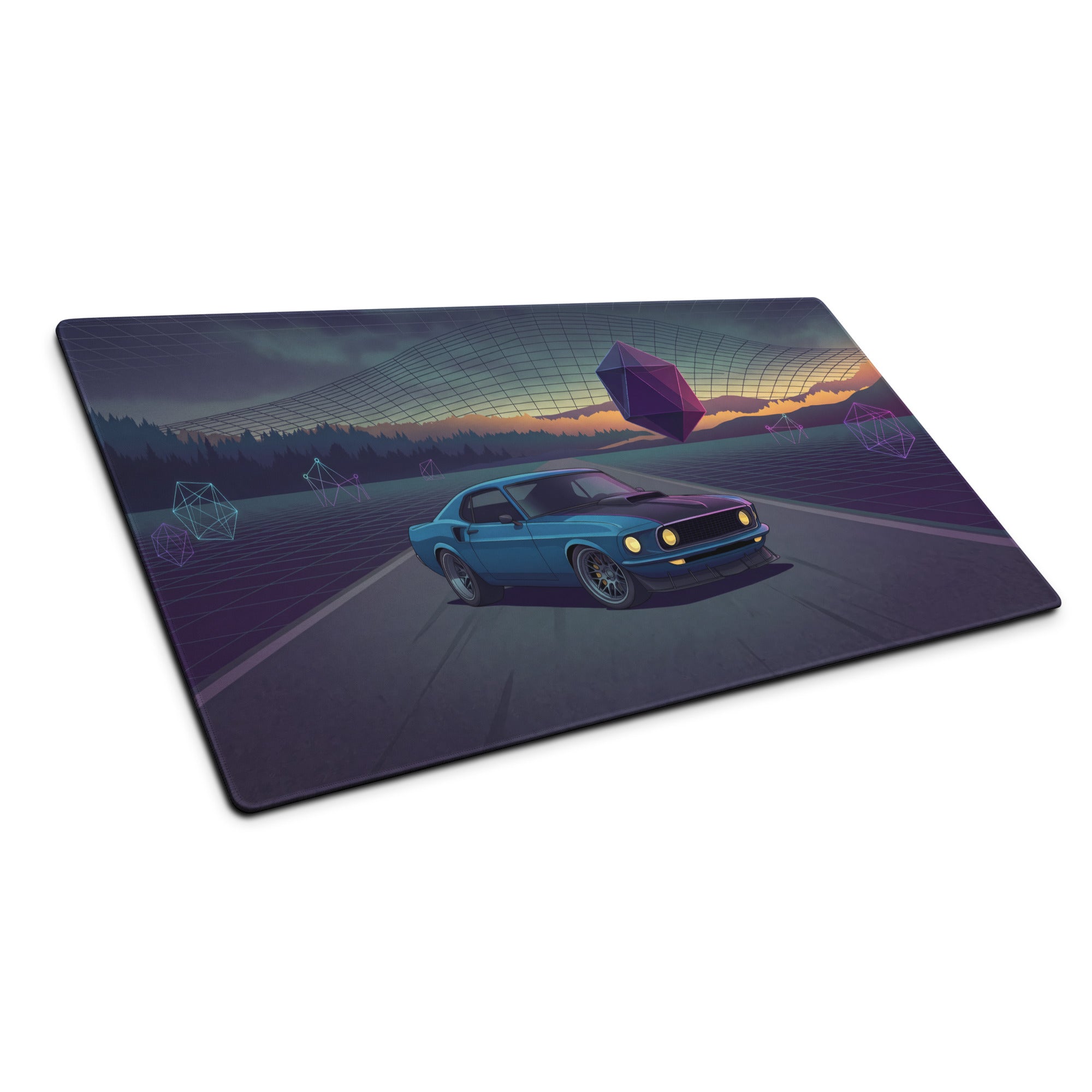 1969 Ford Mustang Fastback Inspired Blue Purple Vaporwave Gaming Mouse Pad, Classic Muscle Car Desk Mat with Neon Geometric Sunset Artwork