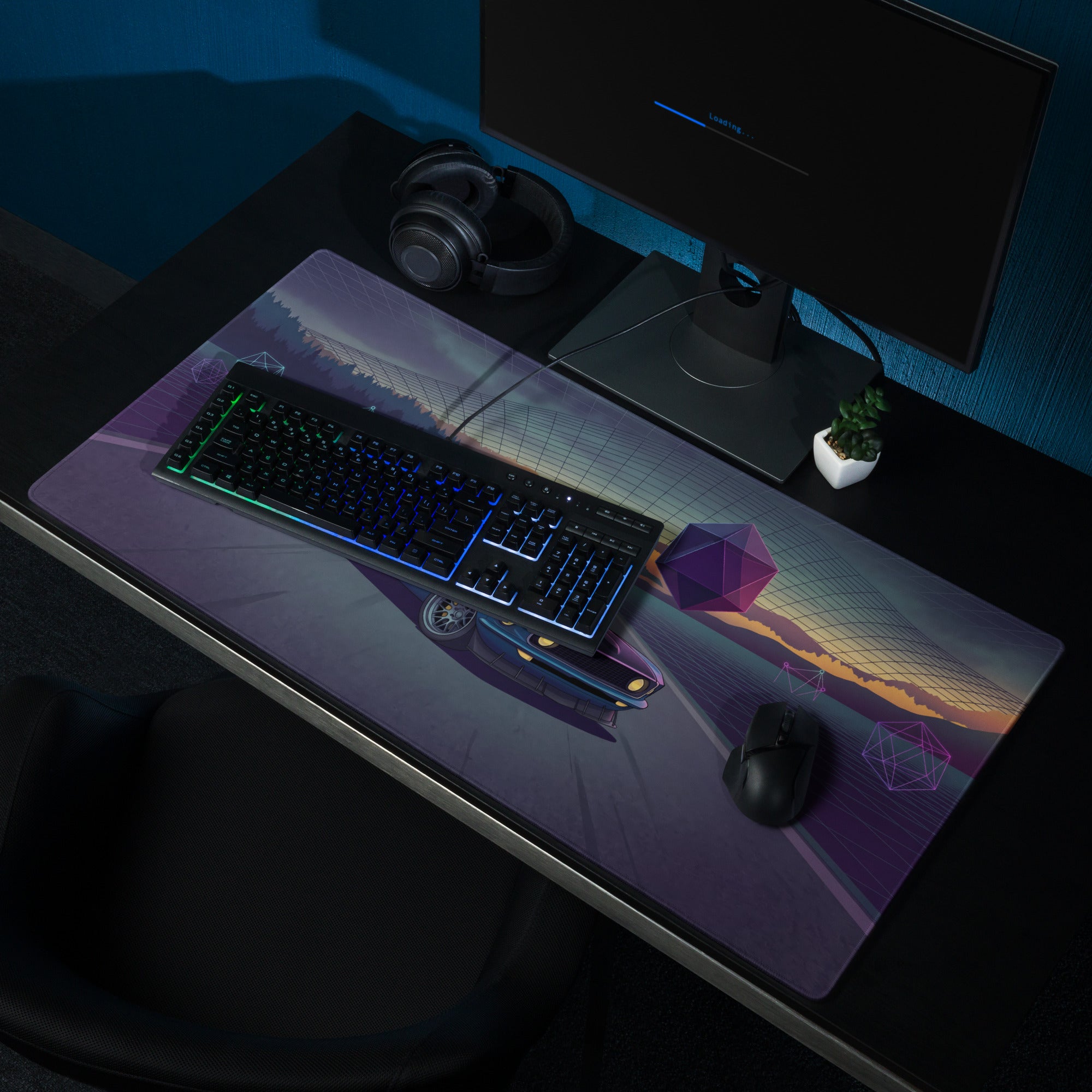 1969 Ford Mustang Fastback Inspired Blue Purple Vaporwave Gaming Mouse Pad, Classic Muscle Car Desk Mat with Neon Geometric Sunset Artwork