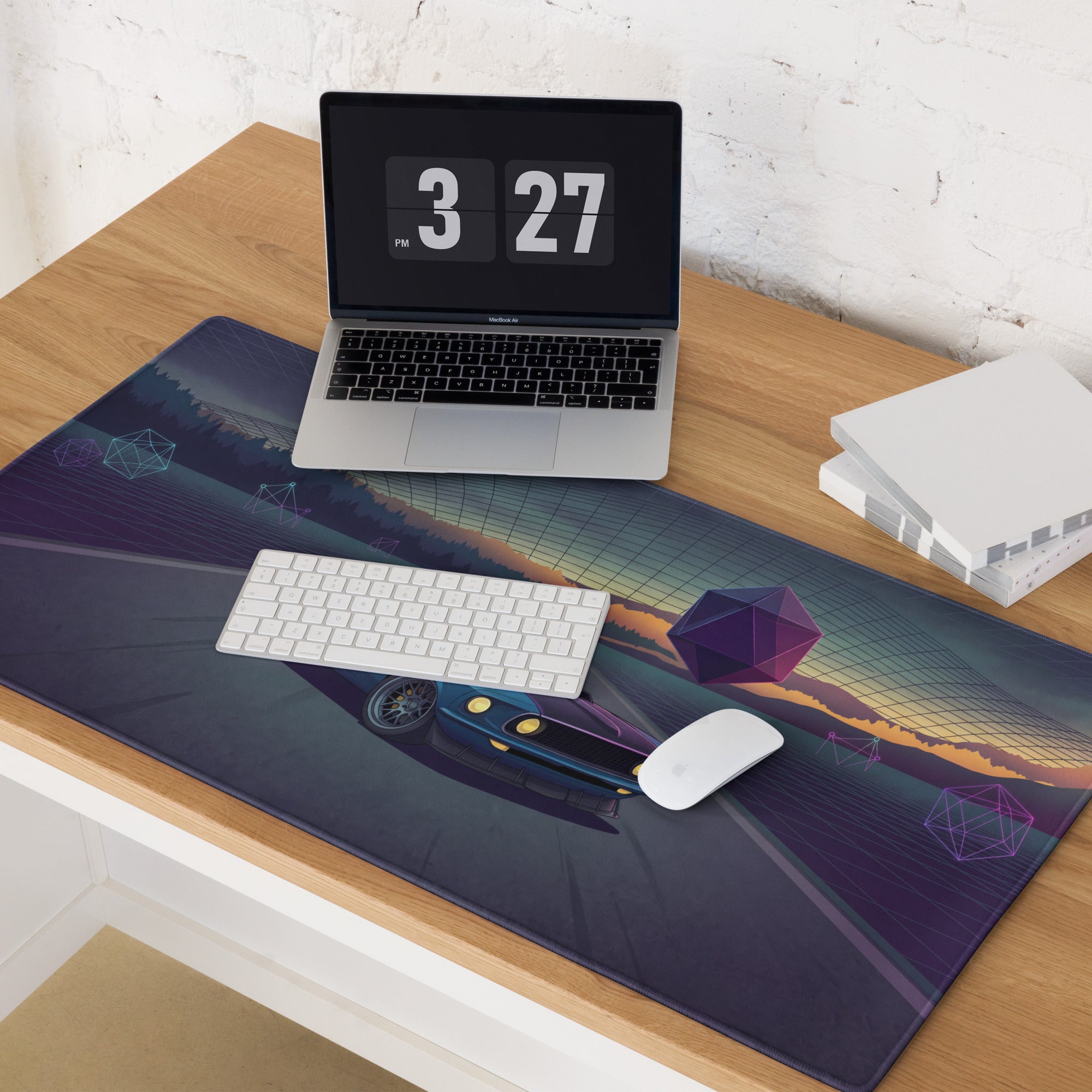 1969 Ford Mustang Fastback Inspired Blue Purple Vaporwave Gaming Mouse Pad, Classic Muscle Car Desk Mat with Neon Geometric Sunset Artwork