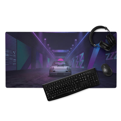 Porsche 911 Carrera 3.2 Inspired White Purple Vaporwave Gaming Mouse Pad, Classic Sports Car Desk Mat with Neon Cyberpunk Tunnel Artwork