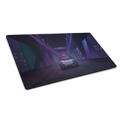 Porsche 911 Carrera 3.2 Inspired White Purple Vaporwave Gaming Mouse Pad, Classic Sports Car Desk Mat with Neon Cyberpunk Tunnel Artwork