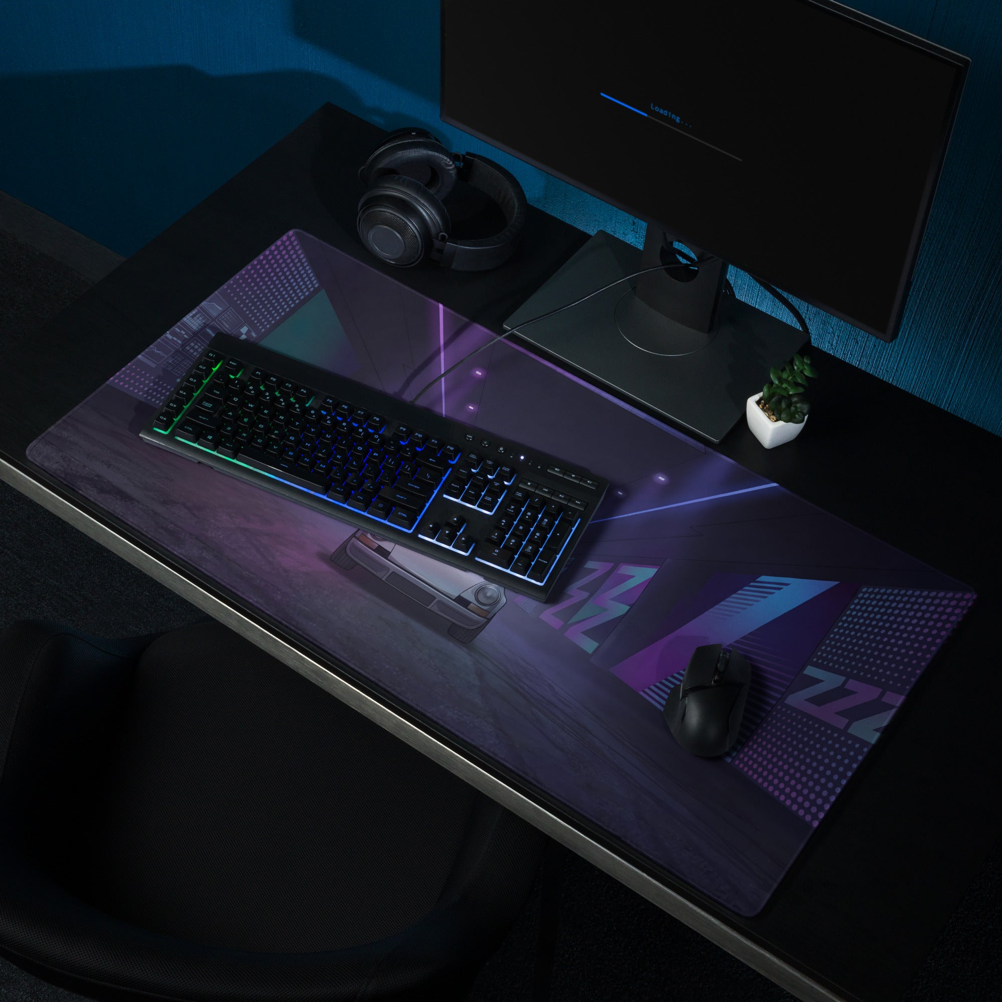 Porsche 911 Carrera 3.2 Inspired White Purple Vaporwave Gaming Mouse Pad, Classic Sports Car Desk Mat with Neon Cyberpunk Tunnel Artwork