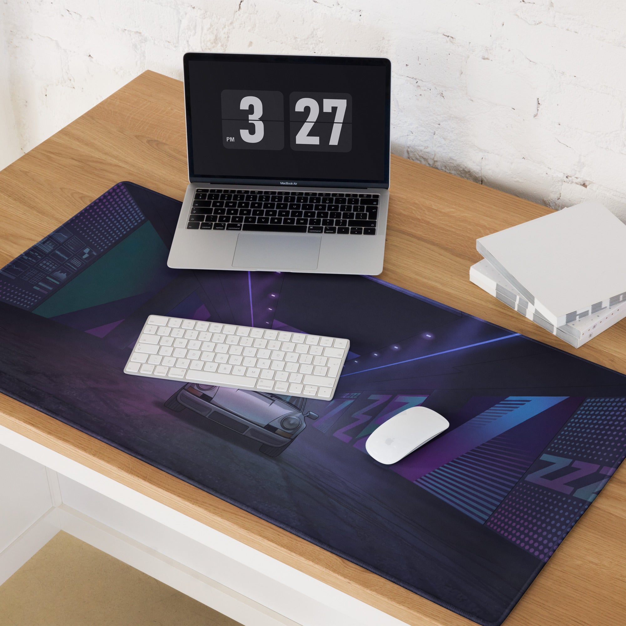 Porsche 911 Carrera 3.2 Inspired White Purple Vaporwave Gaming Mouse Pad, Classic Sports Car Desk Mat with Neon Cyberpunk Tunnel Artwork