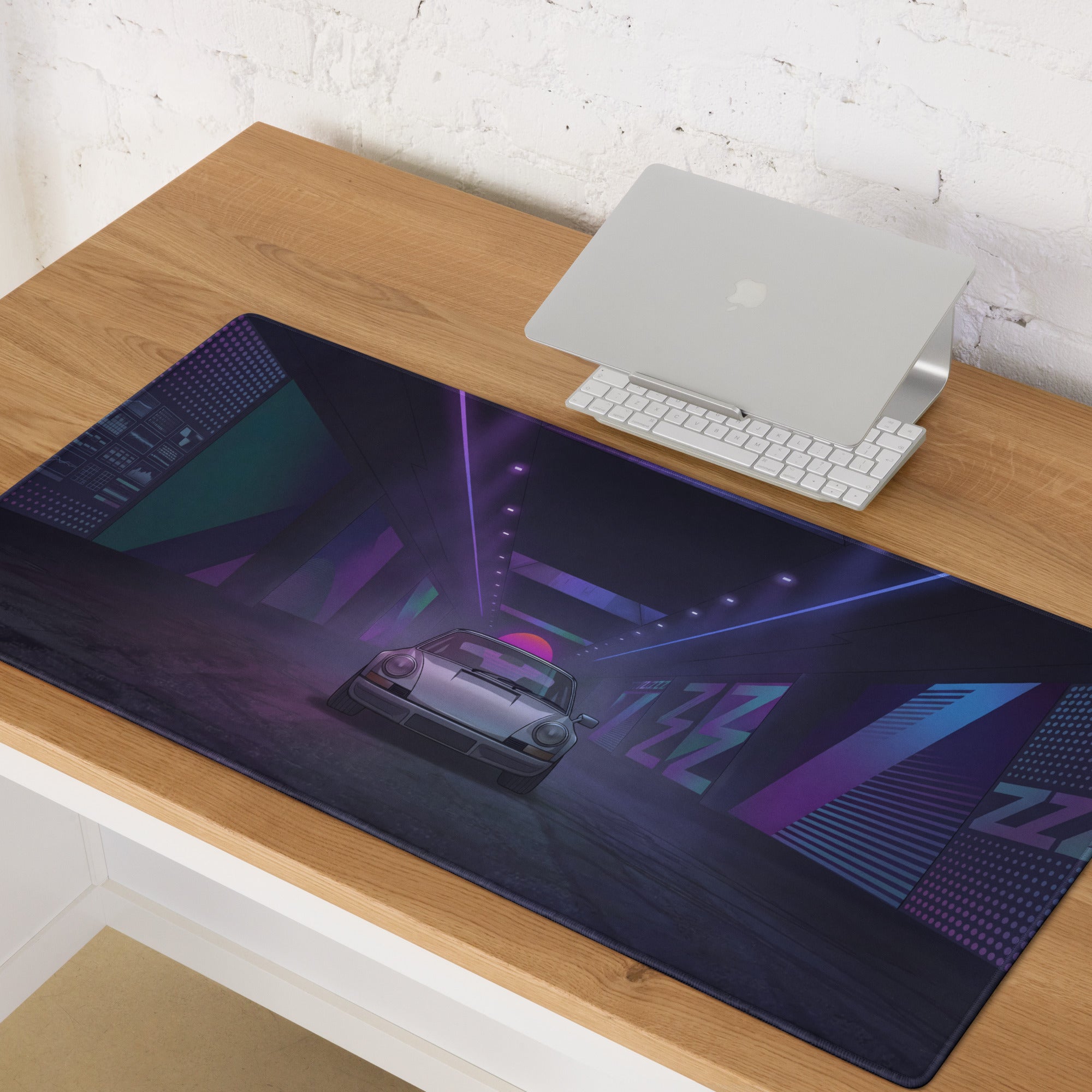 Porsche 911 Carrera 3.2 Inspired White Purple Vaporwave Gaming Mouse Pad, Classic Sports Car Desk Mat with Neon Cyberpunk Tunnel Artwork