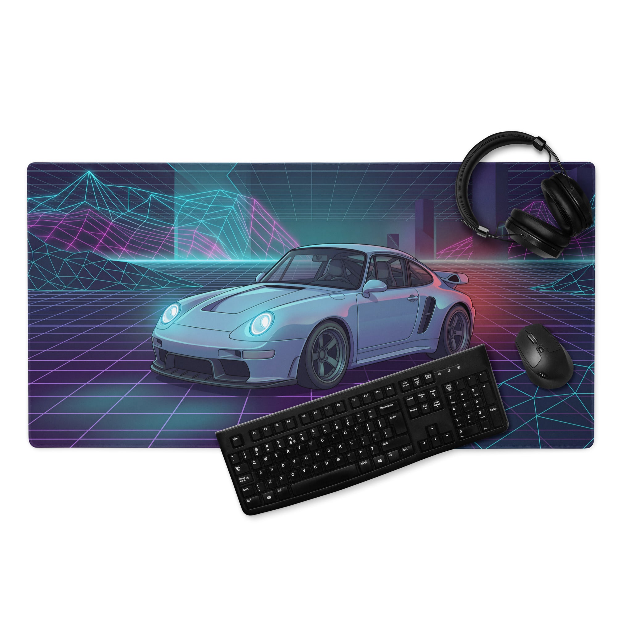 Porsche 959 Inspired Silver Teal Vaporwave Gaming Mouse Pad, Classic Supercar Desk Mat with Neon Grid Mountains and Retro Futuristic Artwork