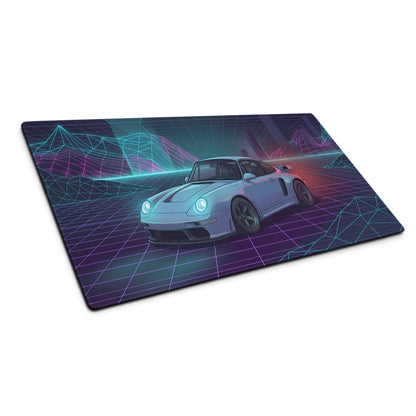 Porsche 959 Inspired Silver Teal Vaporwave Gaming Mouse Pad, Classic Supercar Desk Mat with Neon Grid Mountains and Retro Futuristic Artwork