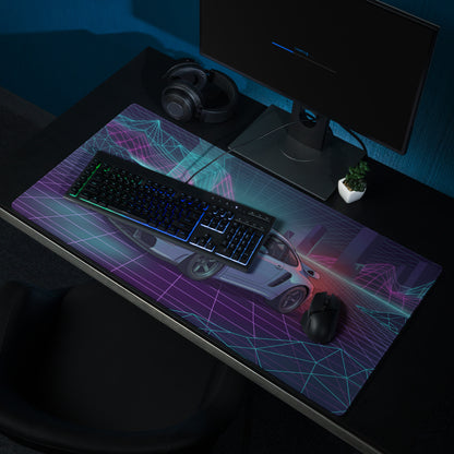 Porsche 959 Inspired Silver Teal Vaporwave Gaming Mouse Pad, Classic Supercar Desk Mat with Neon Grid Mountains and Retro Futuristic Artwork