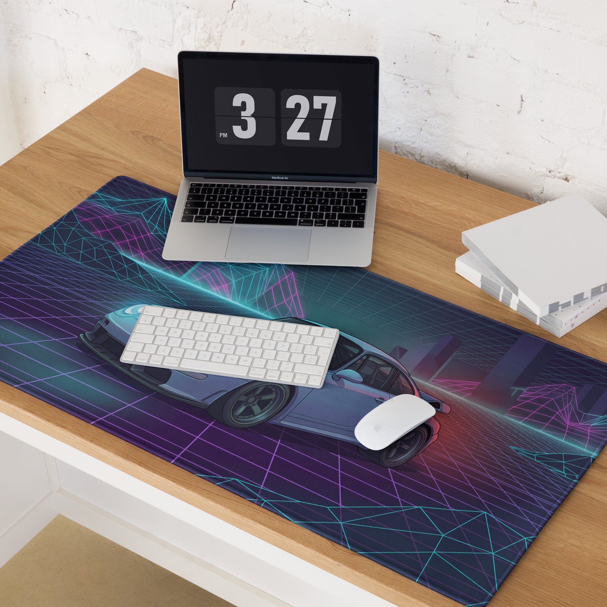 Porsche 959 Inspired Silver Teal Vaporwave Gaming Mouse Pad, Classic Supercar Desk Mat with Neon Grid Mountains and Retro Futuristic Artwork