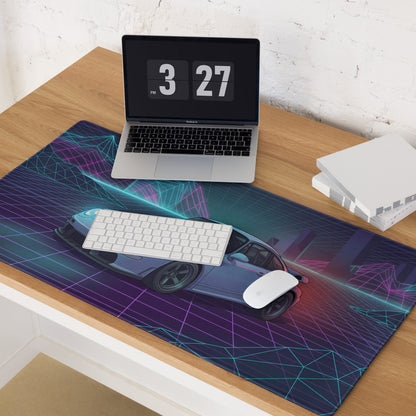 Porsche 959 Inspired Silver Teal Vaporwave Gaming Mouse Pad, Classic Supercar Desk Mat with Neon Grid Mountains and Retro Futuristic Artwork