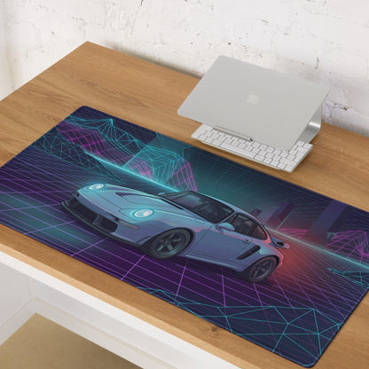 Porsche 959 Inspired Silver Teal Vaporwave Gaming Mouse Pad, Classic Supercar Desk Mat with Neon Grid Mountains and Retro Futuristic Artwork