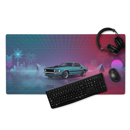1971 Ford Mustang Mach 1 Inspired Teal Purple Vaporwave Gaming Mouse Pad, Classic Muscle Car Desk Mat with Neon Grid and Palm Tree Artwork