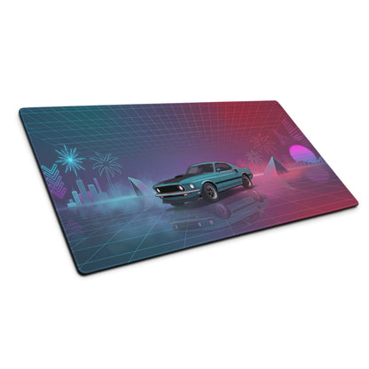 1971 Ford Mustang Mach 1 Inspired Teal Purple Vaporwave Gaming Mouse Pad, Classic Muscle Car Desk Mat with Neon Grid and Palm Tree Artwork