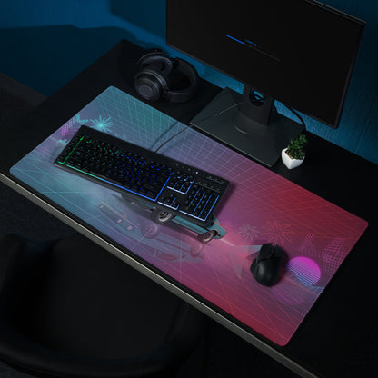1971 Ford Mustang Mach 1 Inspired Teal Purple Vaporwave Gaming Mouse Pad, Classic Muscle Car Desk Mat with Neon Grid and Palm Tree Artwork