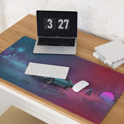 1971 Ford Mustang Mach 1 Inspired Teal Purple Vaporwave Gaming Mouse Pad, Classic Muscle Car Desk Mat with Neon Grid and Palm Tree Artwork