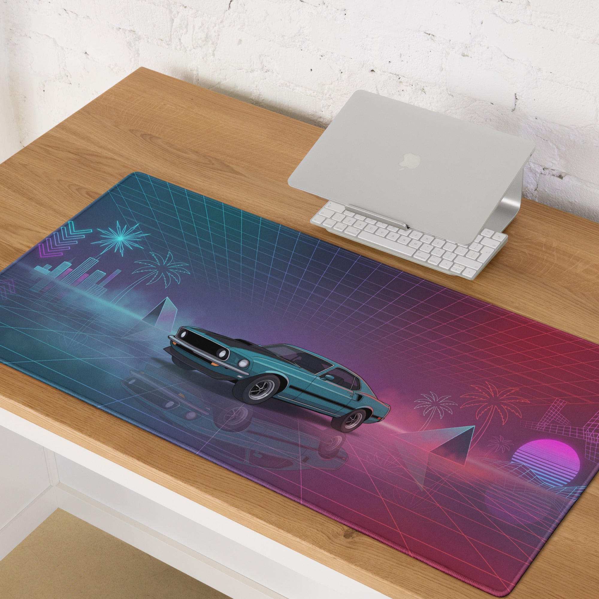 1971 Ford Mustang Mach 1 Inspired Teal Purple Vaporwave Gaming Mouse Pad, Classic Muscle Car Desk Mat with Neon Grid and Palm Tree Artwork