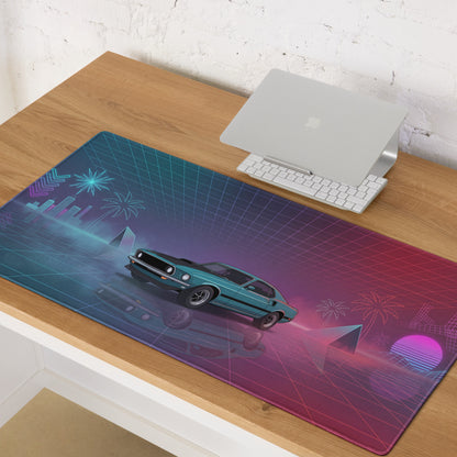 1971 Ford Mustang Mach 1 Inspired Teal Purple Vaporwave Gaming Mouse Pad, Classic Muscle Car Desk Mat with Neon Grid and Palm Tree Artwork