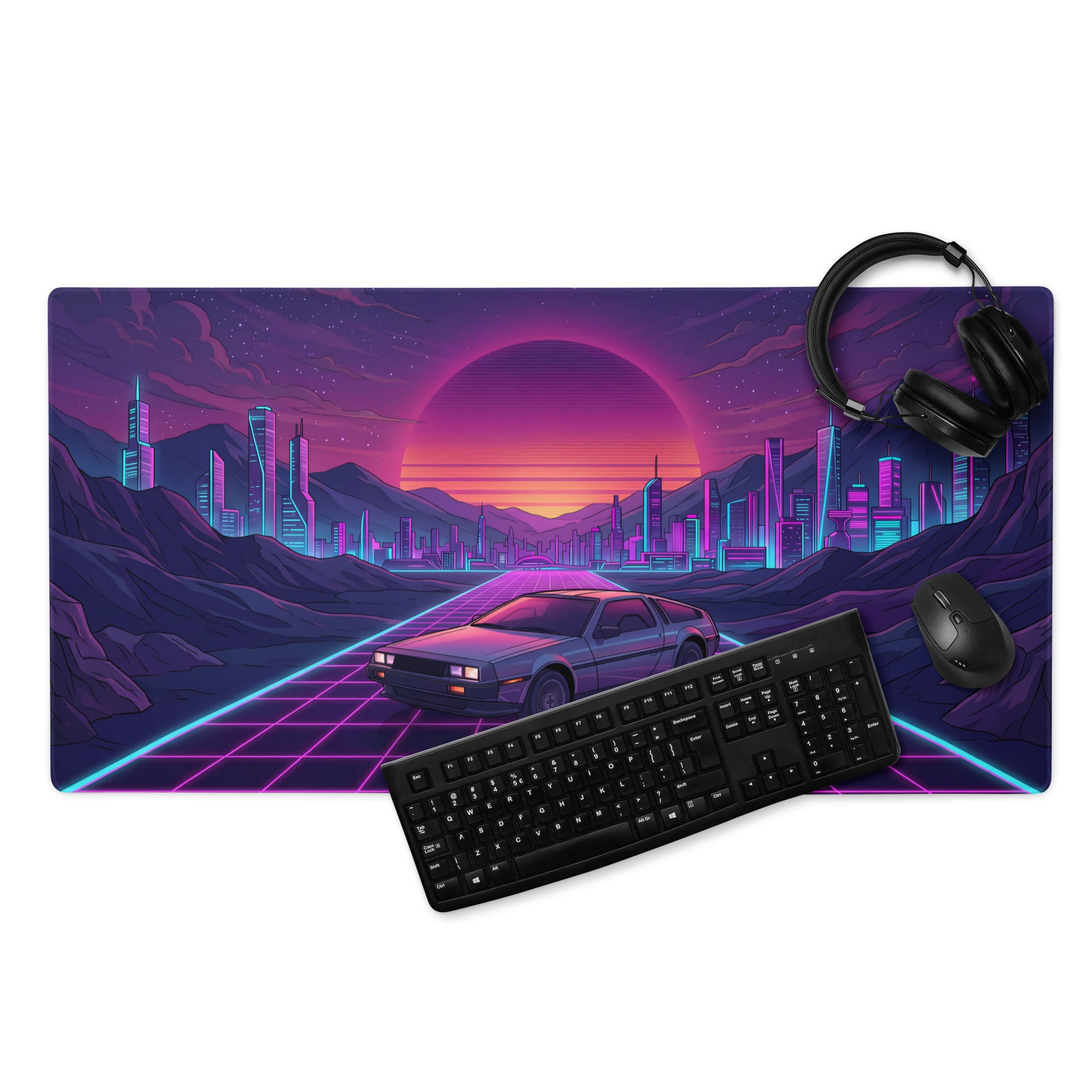 DeLorean DMC-12 Inspired Silver Purple Vaporwave Gaming Mouse Pad, Retro Futuristic Sports Car Desk Mat with Neon Grid City Sunset Artwork