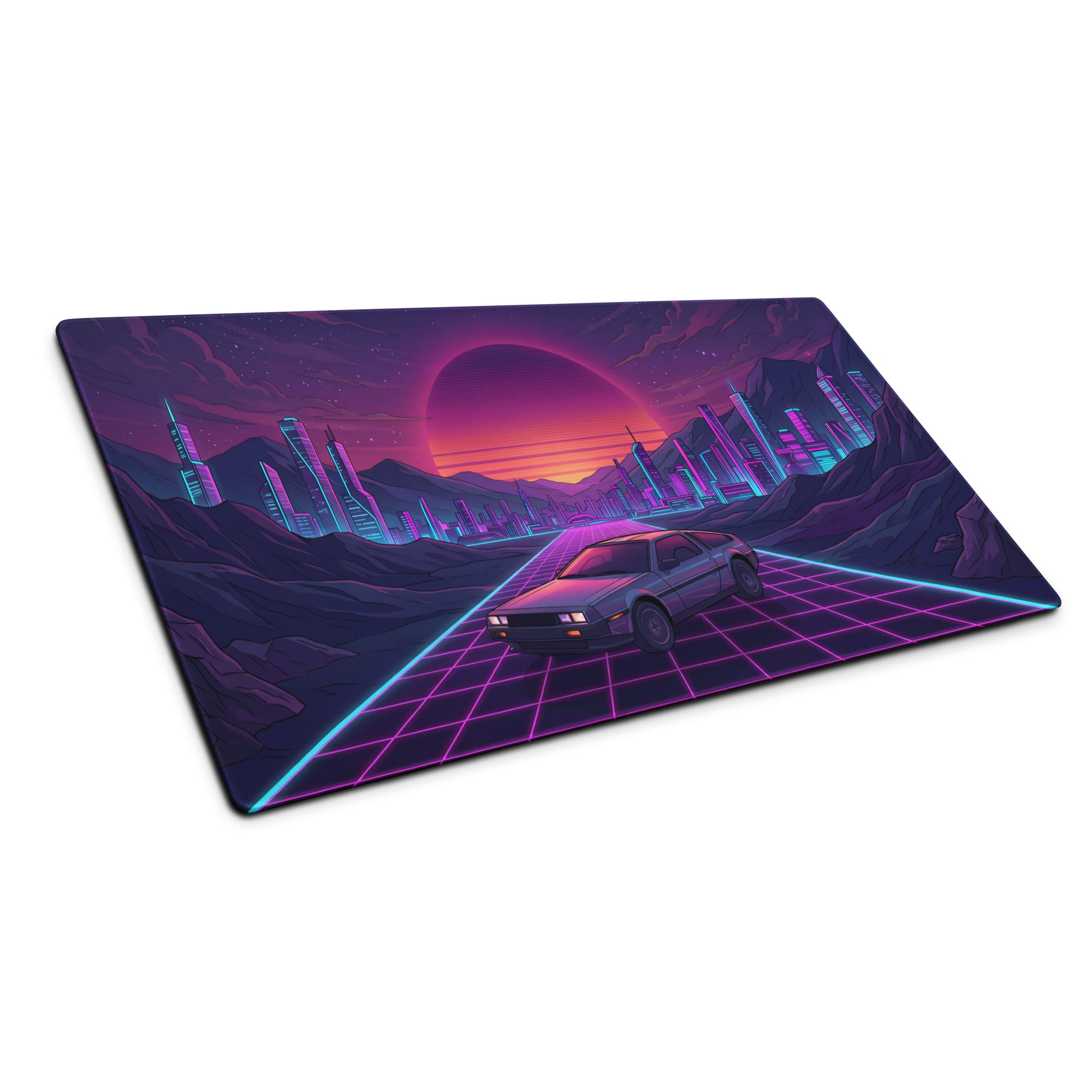 DeLorean DMC-12 Inspired Silver Purple Vaporwave Gaming Mouse Pad, Retro Futuristic Sports Car Desk Mat with Neon Grid City Sunset Artwork