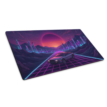 DeLorean DMC-12 Inspired Silver Purple Vaporwave Gaming Mouse Pad, Retro Futuristic Sports Car Desk Mat with Neon Grid City Sunset Artwork