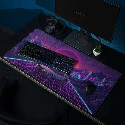 DeLorean DMC-12 Inspired Silver Purple Vaporwave Gaming Mouse Pad, Retro Futuristic Sports Car Desk Mat with Neon Grid City Sunset Artwork