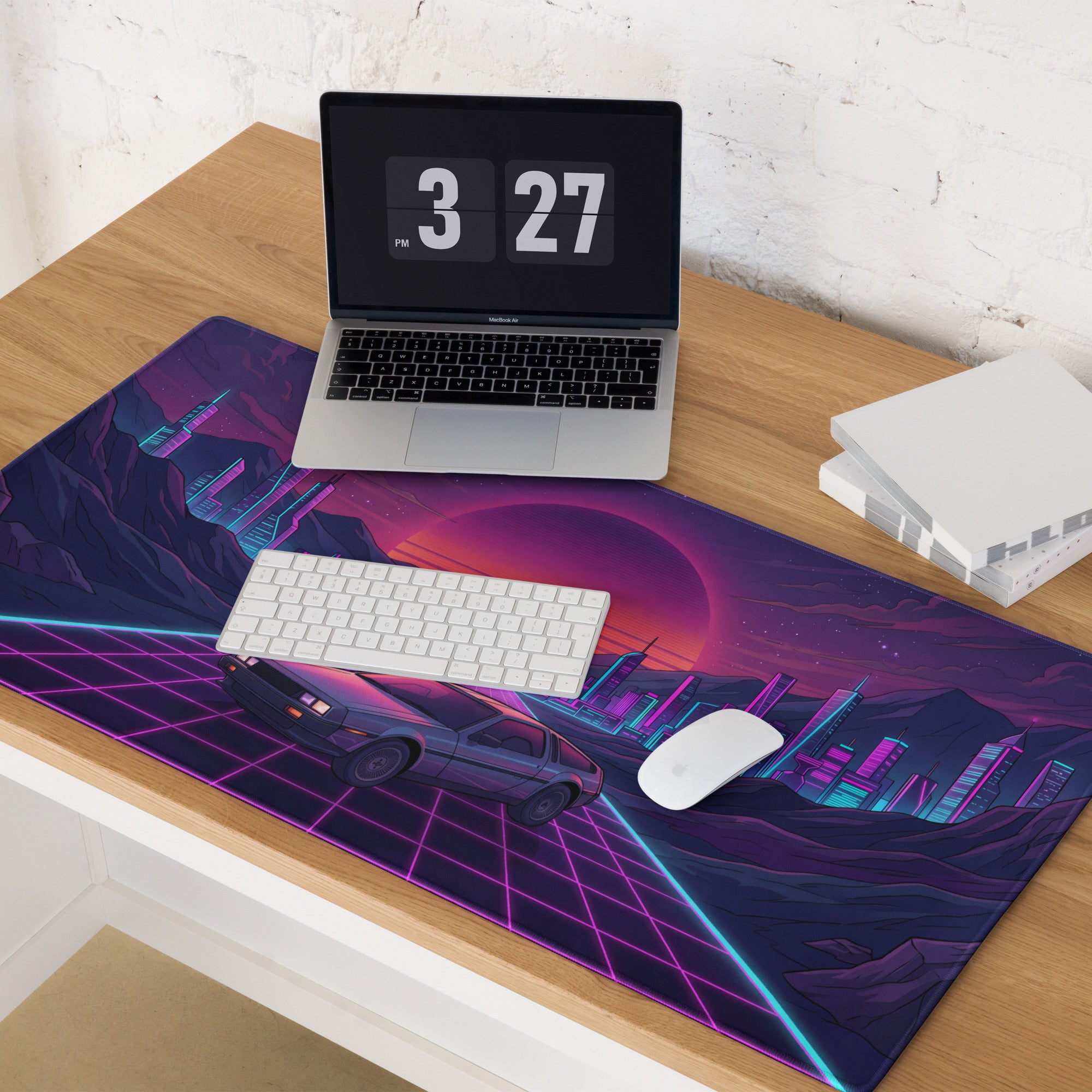 DeLorean DMC-12 Inspired Silver Purple Vaporwave Gaming Mouse Pad, Retro Futuristic Sports Car Desk Mat with Neon Grid City Sunset Artwork