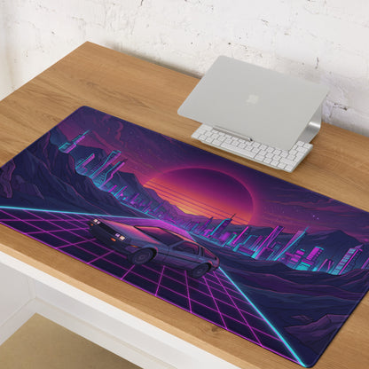 DeLorean DMC-12 Inspired Silver Purple Vaporwave Gaming Mouse Pad, Retro Futuristic Sports Car Desk Mat with Neon Grid City Sunset Artwork