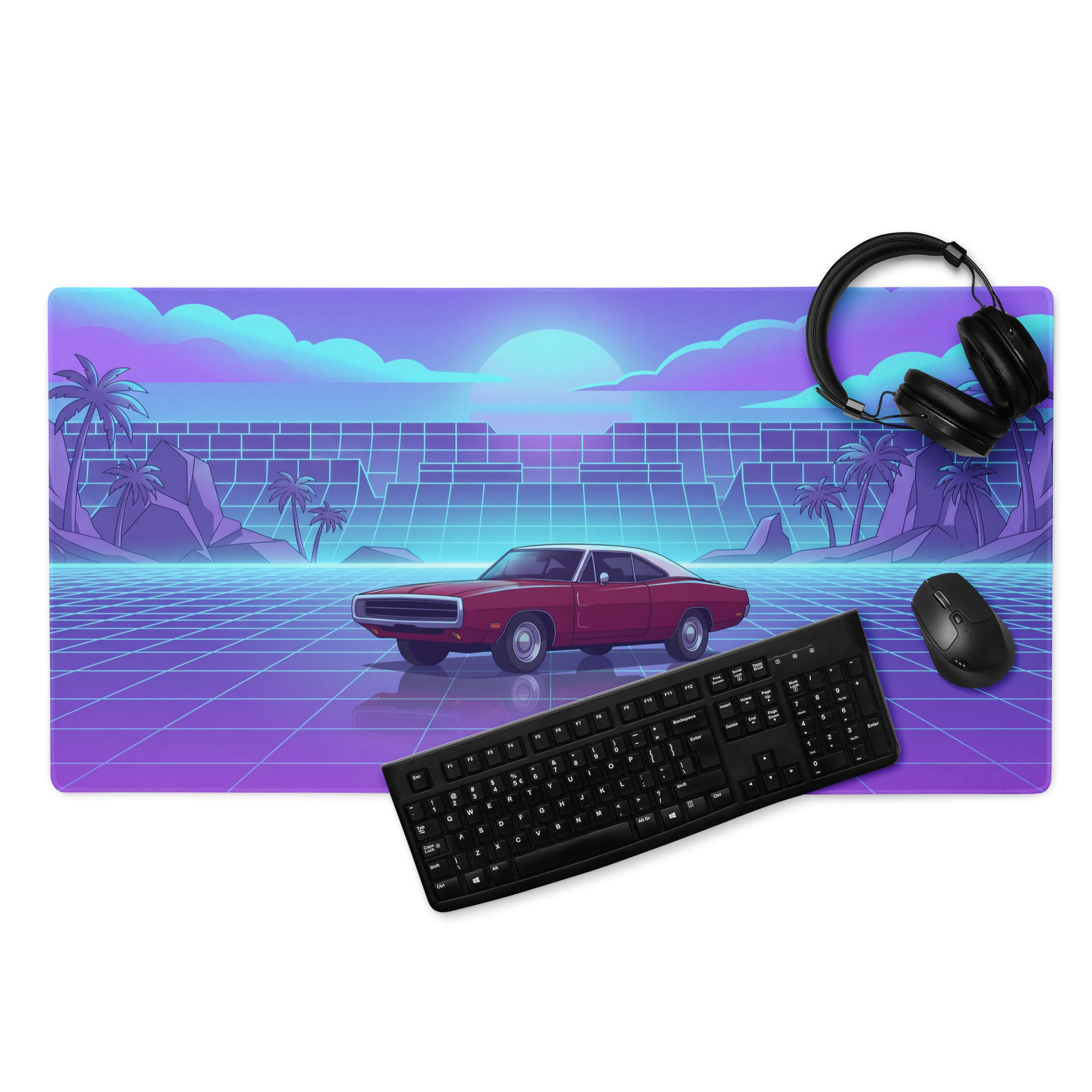 1969 Dodge Charger R/T Inspired Red Blue Vaporwave Gaming Mouse Pad, Classic Muscle Car Desk Mat with Neon Grid Sunset Artwork
