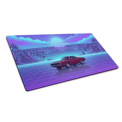 1969 Dodge Charger R/T Inspired Red Blue Vaporwave Gaming Mouse Pad, Classic Muscle Car Desk Mat with Neon Grid Sunset Artwork
