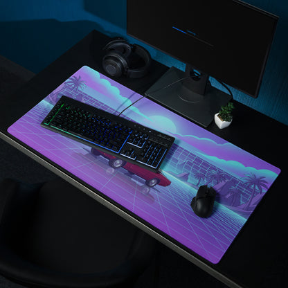 1969 Dodge Charger R/T Inspired Red Blue Vaporwave Gaming Mouse Pad, Classic Muscle Car Desk Mat with Neon Grid Sunset Artwork
