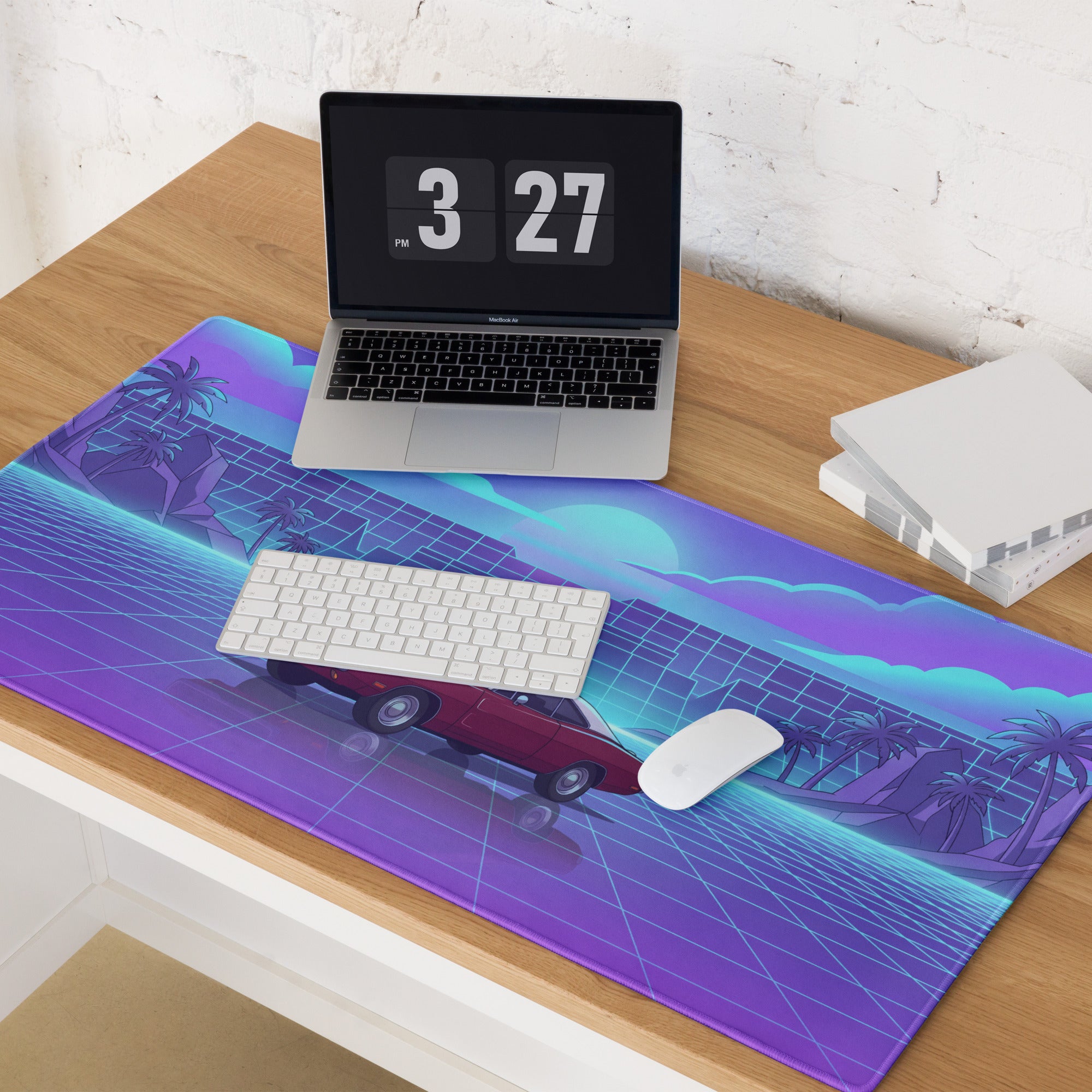 1969 Dodge Charger R/T Inspired Red Blue Vaporwave Gaming Mouse Pad, Classic Muscle Car Desk Mat with Neon Grid Sunset Artwork