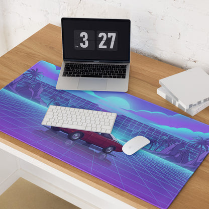 1969 Dodge Charger R/T Inspired Red Blue Vaporwave Gaming Mouse Pad, Classic Muscle Car Desk Mat with Neon Grid Sunset Artwork