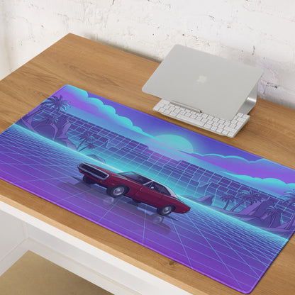 1969 Dodge Charger R/T Inspired Red Blue Vaporwave Gaming Mouse Pad, Classic Muscle Car Desk Mat with Neon Grid Sunset Artwork