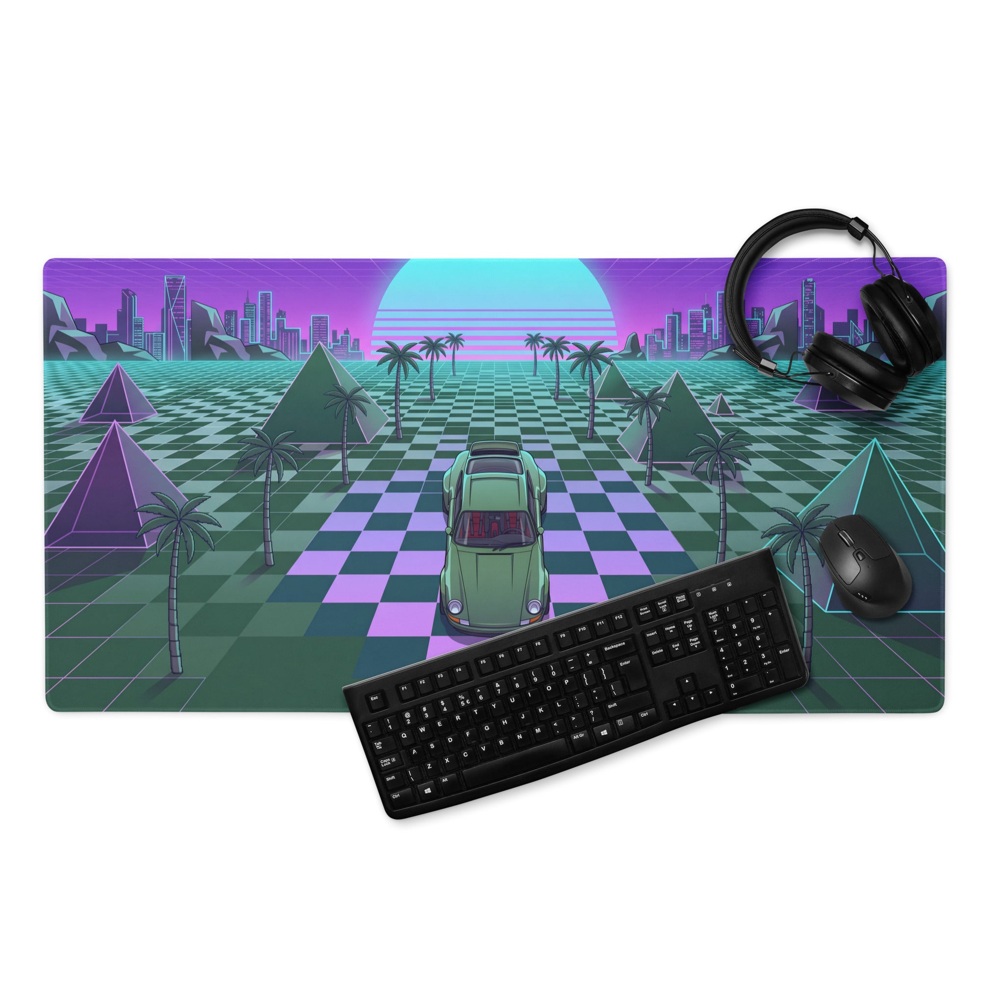 Porsche 911 Inspired Green Purple Vaporwave Gaming Mouse Pad, Classic Sports Car Desk Mat with Checkerboard Grid, Palm Trees and Neon Sunset Artwork