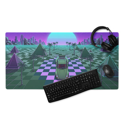 Porsche 911 Inspired Green Purple Vaporwave Gaming Mouse Pad, Classic Sports Car Desk Mat with Checkerboard Grid, Palm Trees and Neon Sunset Artwork