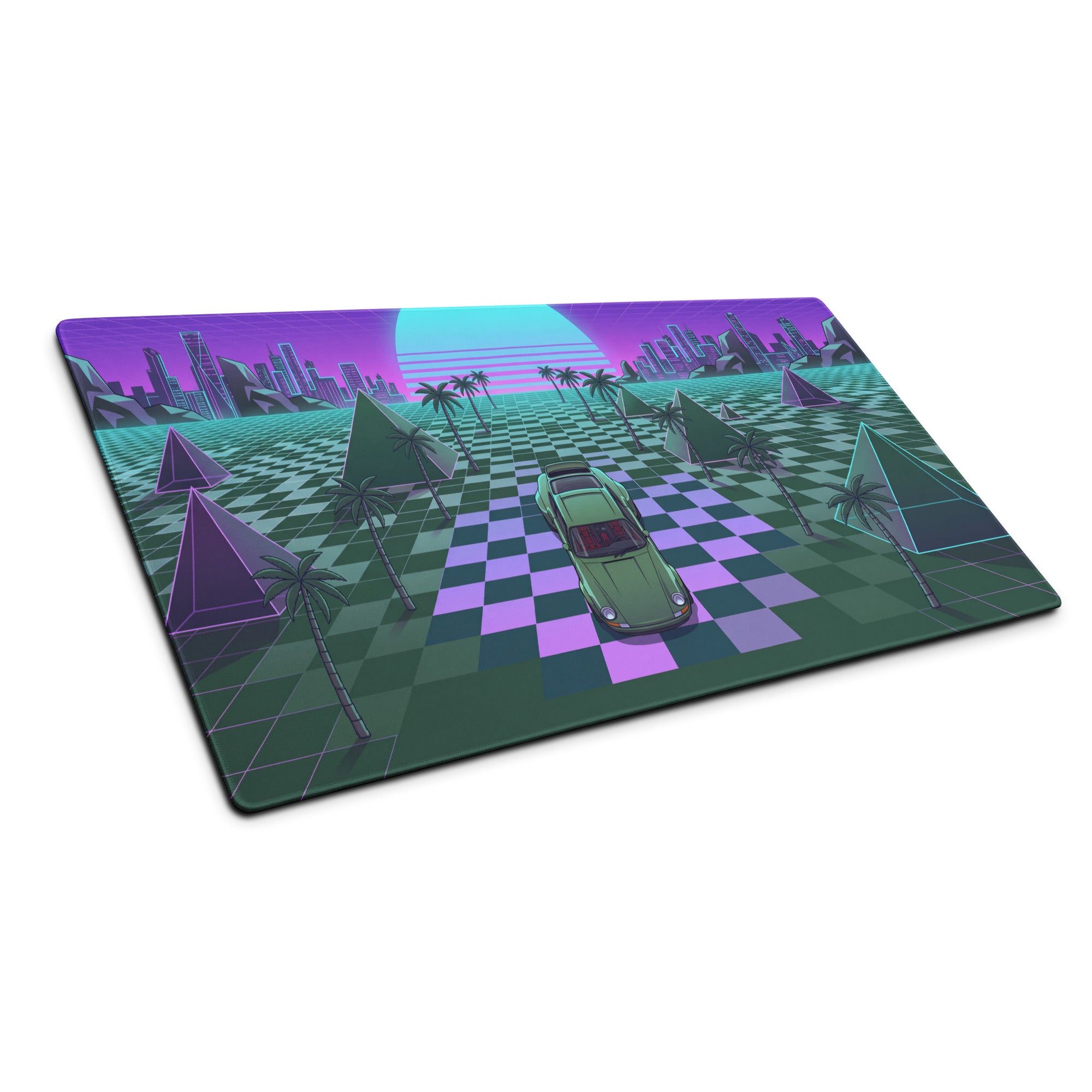 Porsche 911 Inspired Green Purple Vaporwave Gaming Mouse Pad, Classic Sports Car Desk Mat with Checkerboard Grid, Palm Trees and Neon Sunset Artwork