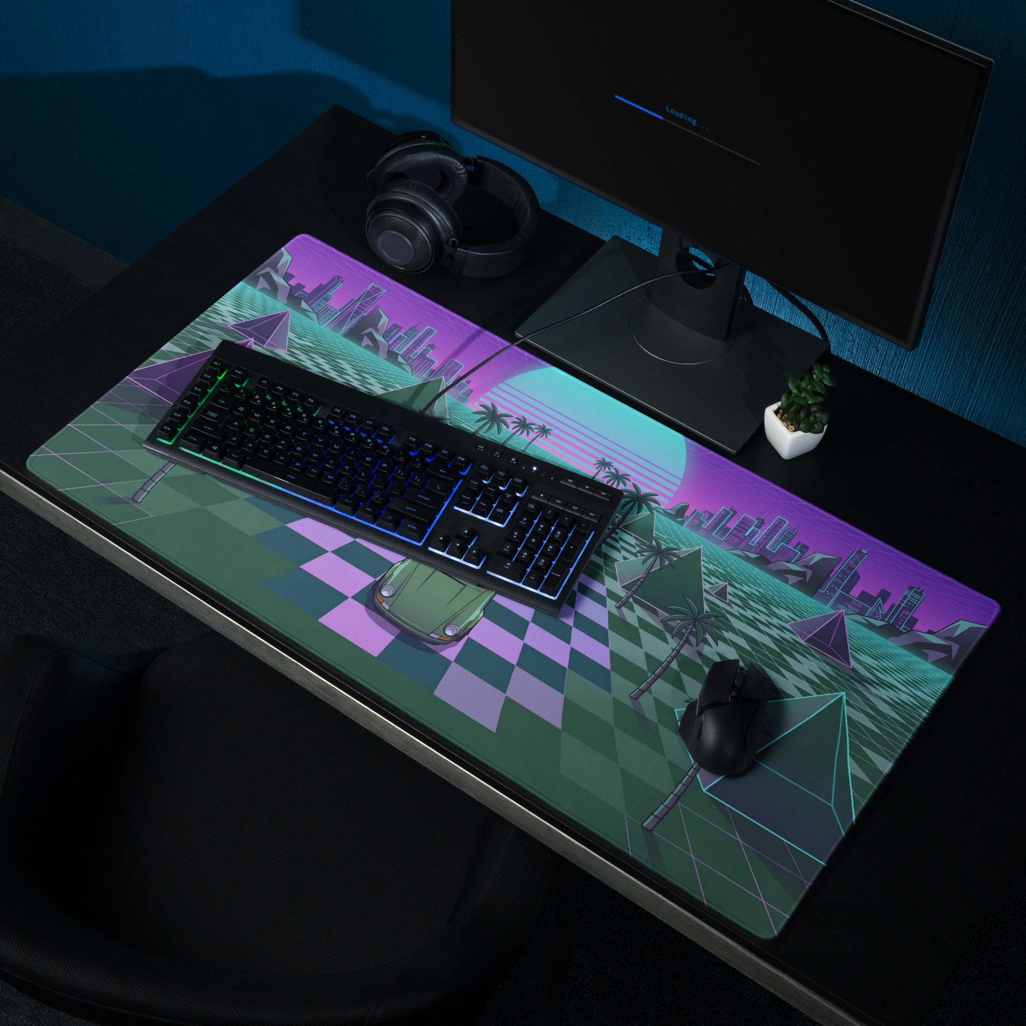 Porsche 911 Inspired Green Purple Vaporwave Gaming Mouse Pad, Classic Sports Car Desk Mat with Checkerboard Grid, Palm Trees and Neon Sunset Artwork