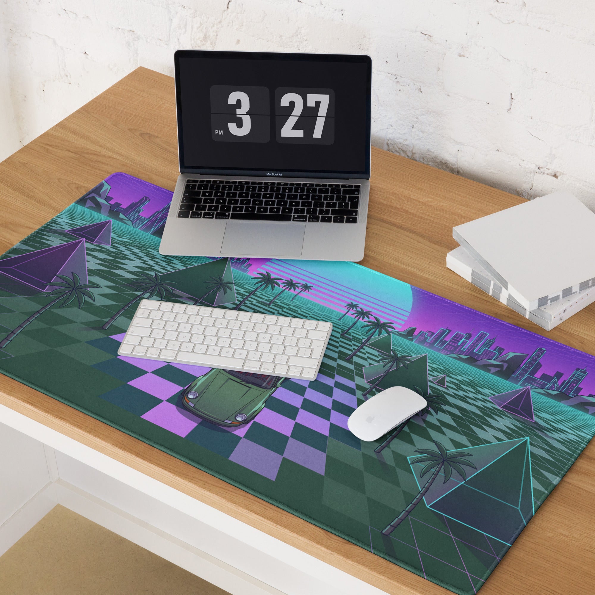 Porsche 911 Inspired Green Purple Vaporwave Gaming Mouse Pad, Classic Sports Car Desk Mat with Checkerboard Grid, Palm Trees and Neon Sunset Artwork
