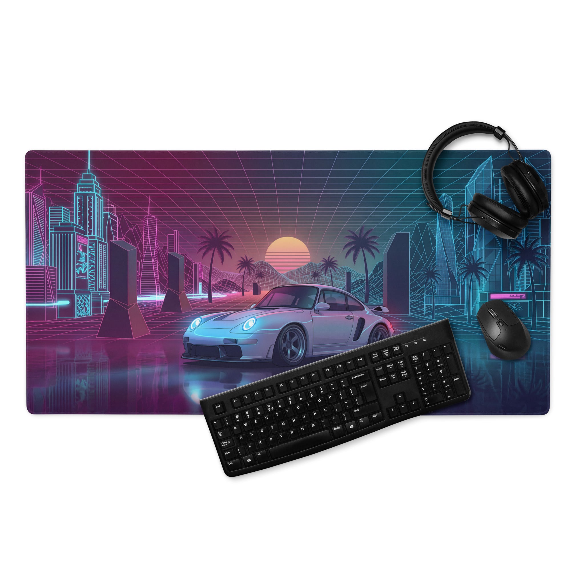 Porsche 911 GT2 993 Inspired Silver Pink Vaporwave Gaming Mouse Pad, Widebody Sports Car Desk Mat with Neon Grid Sunset and Palm Tree Artwork