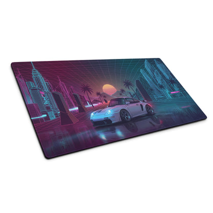 Porsche 911 GT2 993 Inspired Silver Pink Vaporwave Gaming Mouse Pad, Widebody Sports Car Desk Mat with Neon Grid Sunset and Palm Tree Artwork