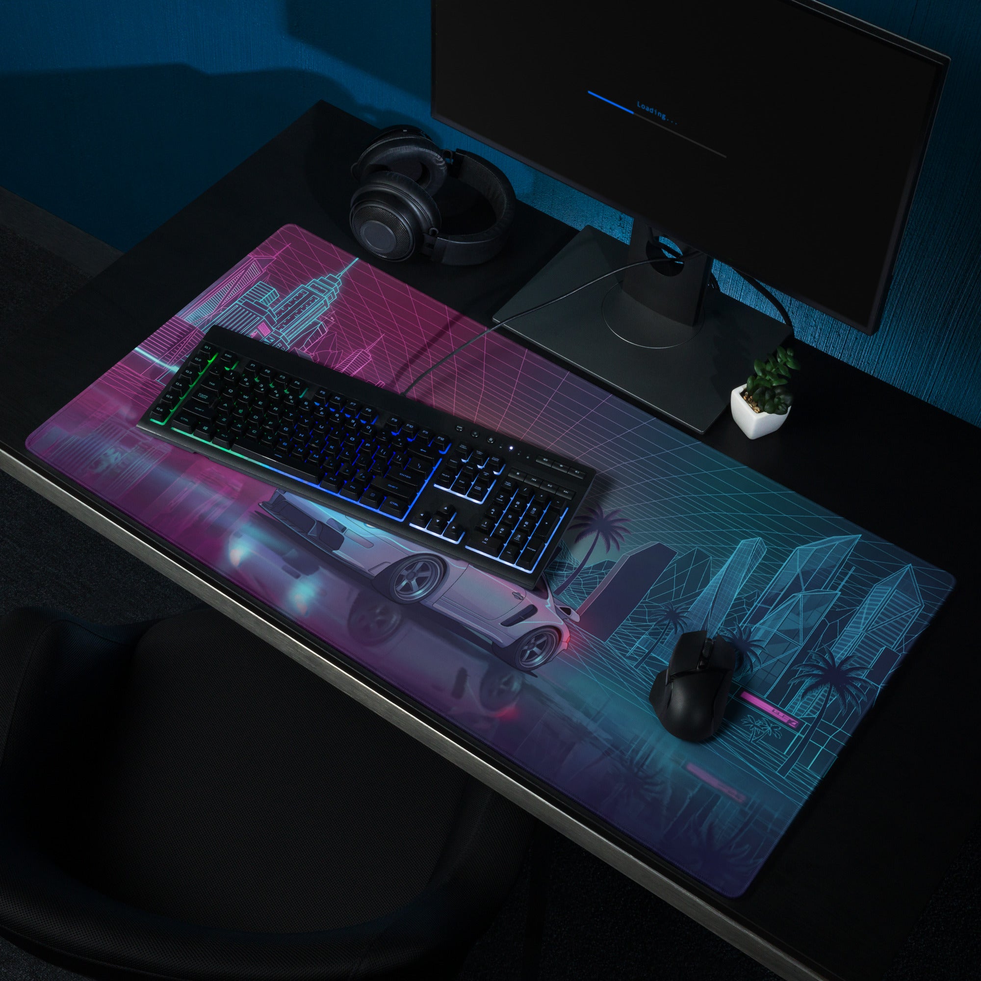 Porsche 911 GT2 993 Inspired Silver Pink Vaporwave Gaming Mouse Pad, Widebody Sports Car Desk Mat with Neon Grid Sunset and Palm Tree Artwork