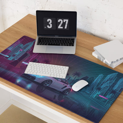 Porsche 911 GT2 993 Inspired Silver Pink Vaporwave Gaming Mouse Pad, Widebody Sports Car Desk Mat with Neon Grid Sunset and Palm Tree Artwork
