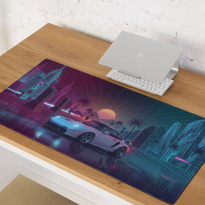 Porsche 911 GT2 993 Inspired Silver Pink Vaporwave Gaming Mouse Pad, Widebody Sports Car Desk Mat with Neon Grid Sunset and Palm Tree Artwork