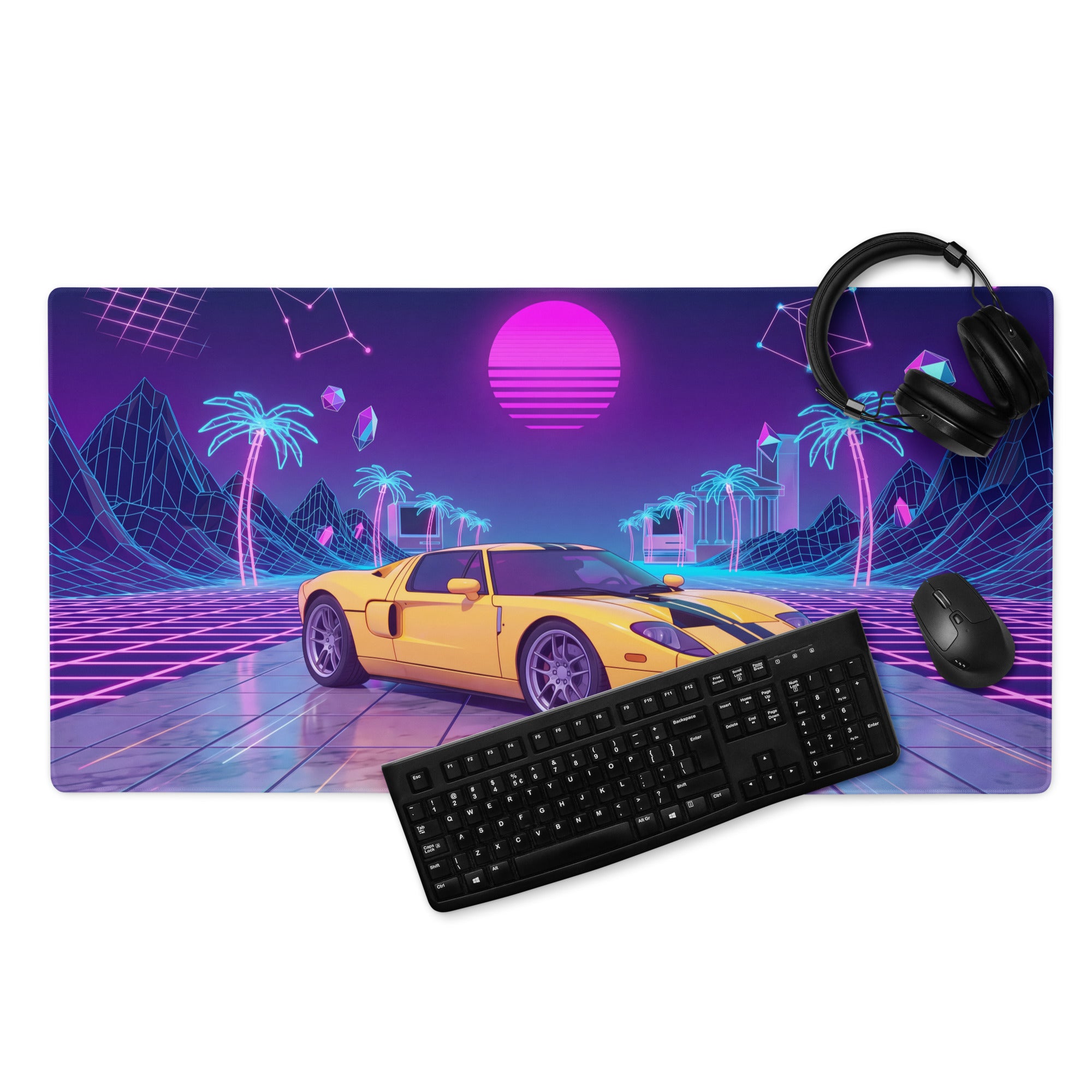 Ford GT Inspired Yellow Purple Vaporwave Gaming Mouse Pad, American Supercar Desk Mat with Neon Grid, Palm Trees and Retro Futuristic Sunset Artwork