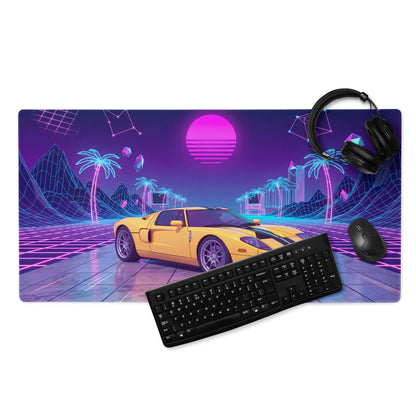 Ford GT Inspired Yellow Purple Vaporwave Gaming Mouse Pad, American Supercar Desk Mat with Neon Grid, Palm Trees and Retro Futuristic Sunset Artwork