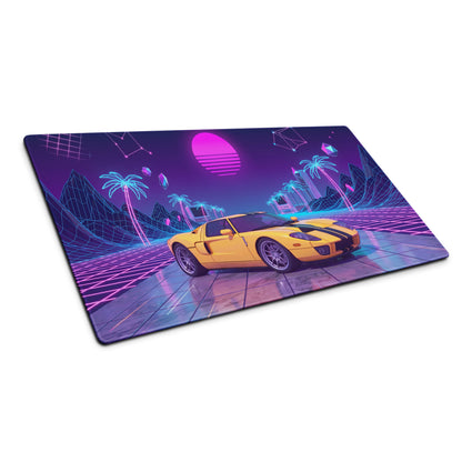 Ford GT Inspired Yellow Purple Vaporwave Gaming Mouse Pad, American Supercar Desk Mat with Neon Grid, Palm Trees and Retro Futuristic Sunset Artwork