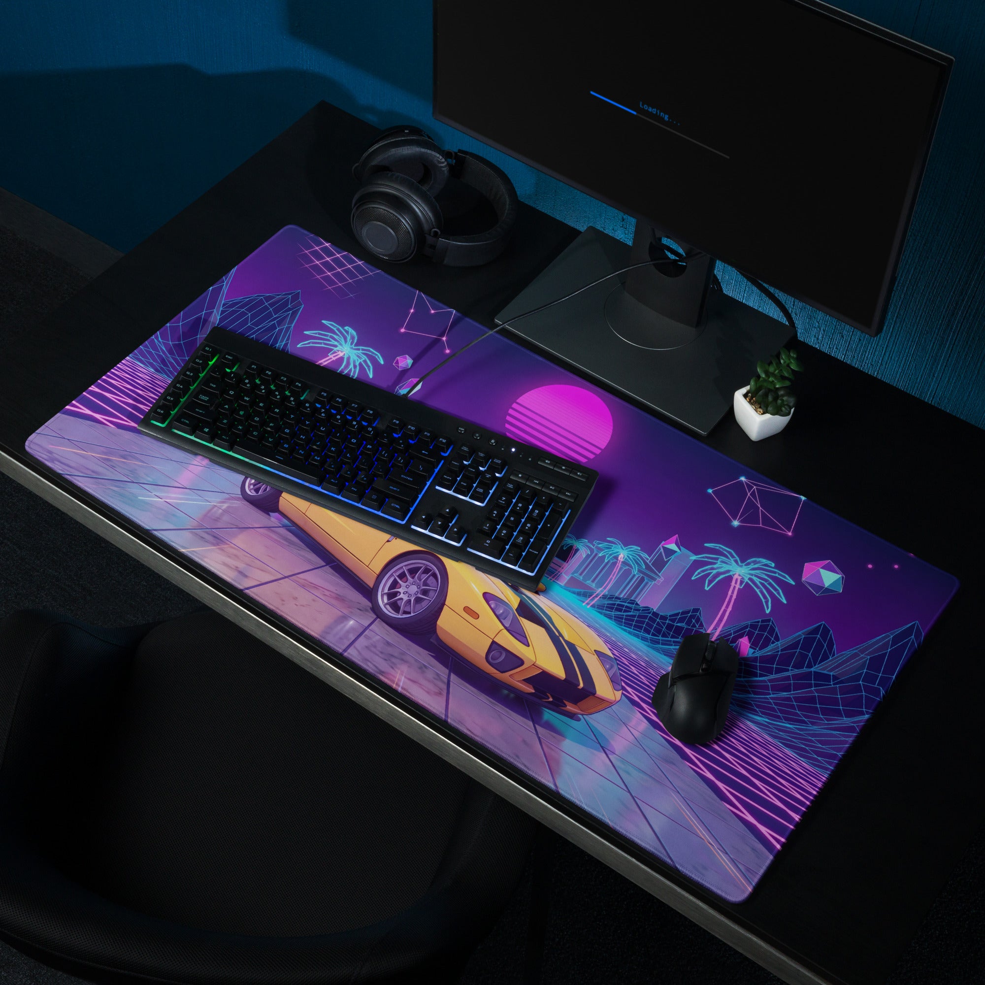 Ford GT Inspired Yellow Purple Vaporwave Gaming Mouse Pad, American Supercar Desk Mat with Neon Grid, Palm Trees and Retro Futuristic Sunset Artwork