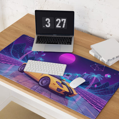 Ford GT Inspired Yellow Purple Vaporwave Gaming Mouse Pad, American Supercar Desk Mat with Neon Grid, Palm Trees and Retro Futuristic Sunset Artwork