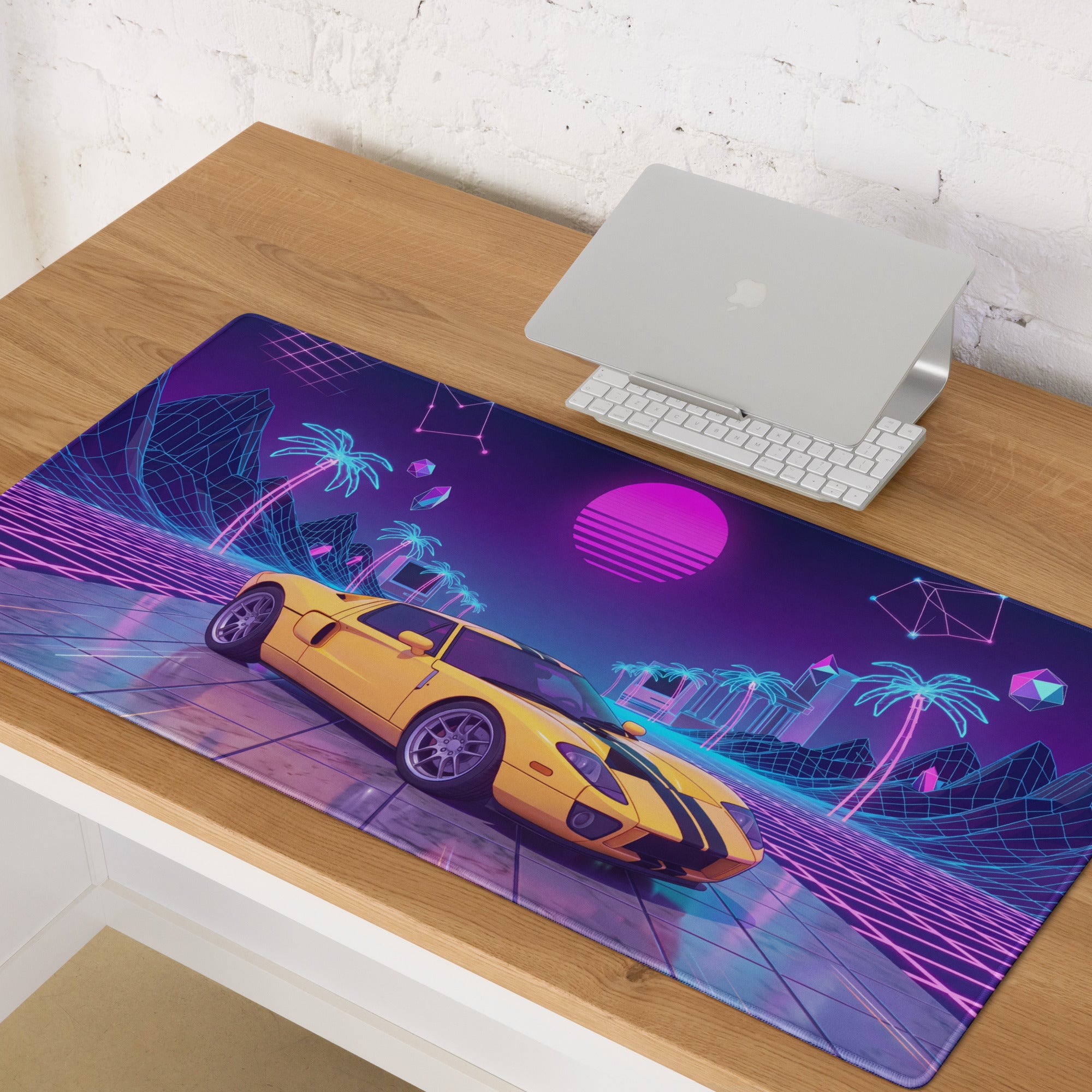 Ford GT Inspired Yellow Purple Vaporwave Gaming Mouse Pad, American Supercar Desk Mat with Neon Grid, Palm Trees and Retro Futuristic Sunset Artwork